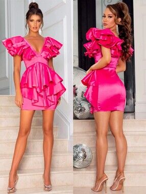 NWT ABYSS BY ABBY Hot Pink Satin Ruffle Treasure Evening Mini Dress